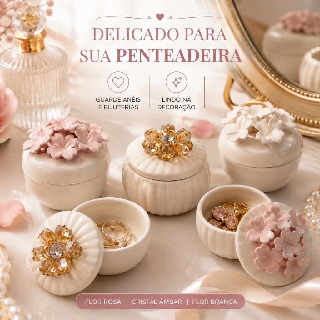 Porta Joias Cerâmica com Tampa Decorativo Flor Porta Trecos Organizador de Bijuterias 3 Modelos