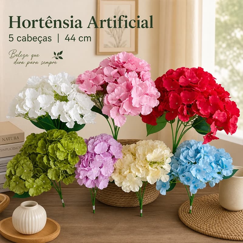 Buquê de Hortênsia Artificial Premium 5 Cabeças com Folhas Arranjo Floral Elegante
