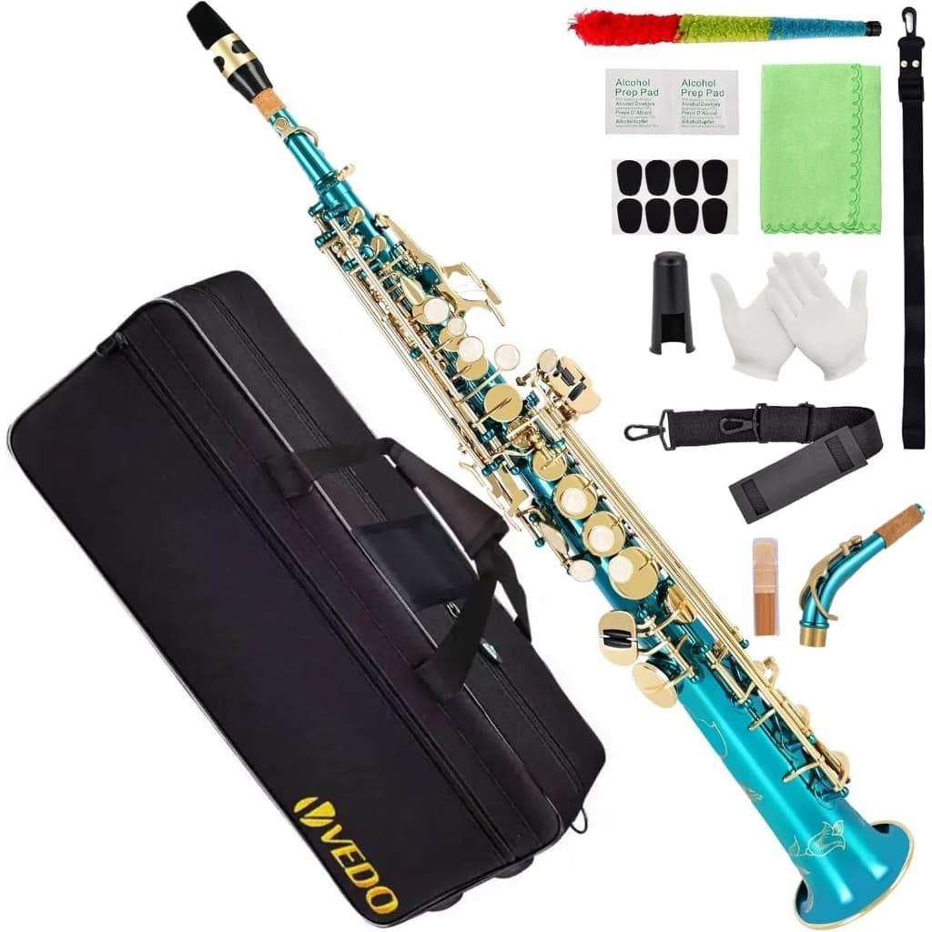 VEDO Sax Soprano Bb Reto Profissional Instrumento de Sopro com Kit Completo para Escola de Música e Banda
