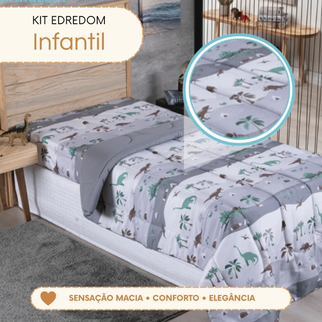 Kit Edredom Infantil Solteiro 3 Peças Dupla Face Estampado Menino Menina Kids com 2 Fronhas Jogo de Cama Fofinho