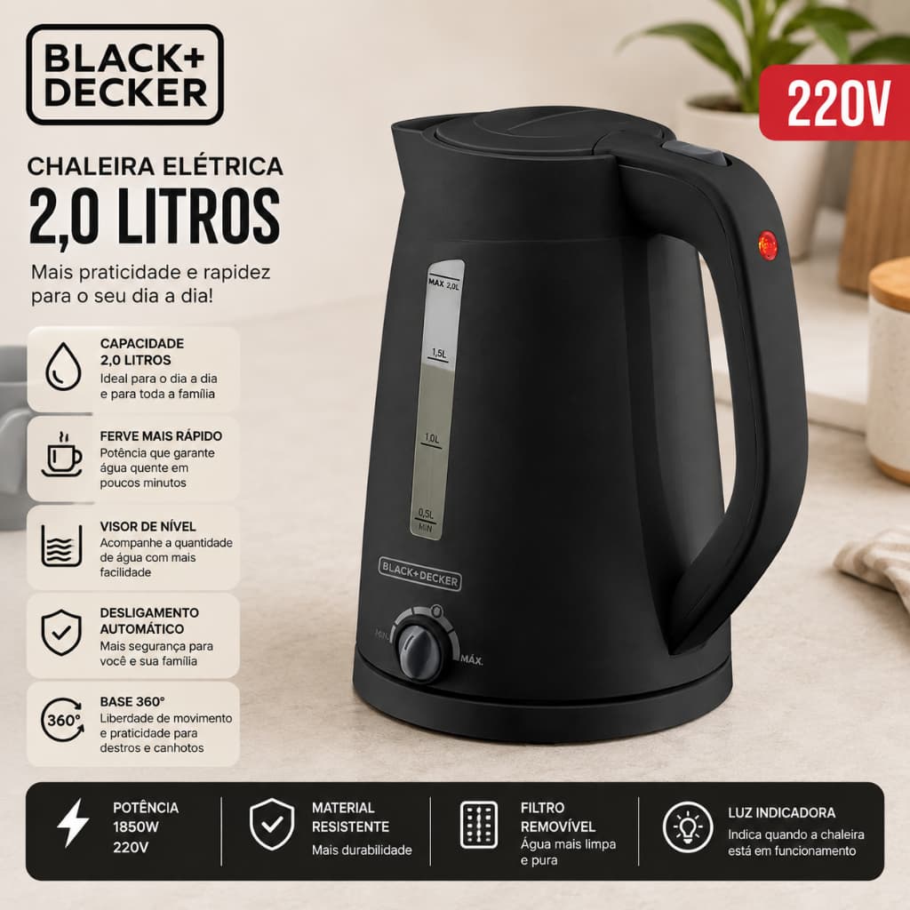 Chaleira Elétrica Black+Decker K2200-B2 2L com Seletor de Temperatura 220V