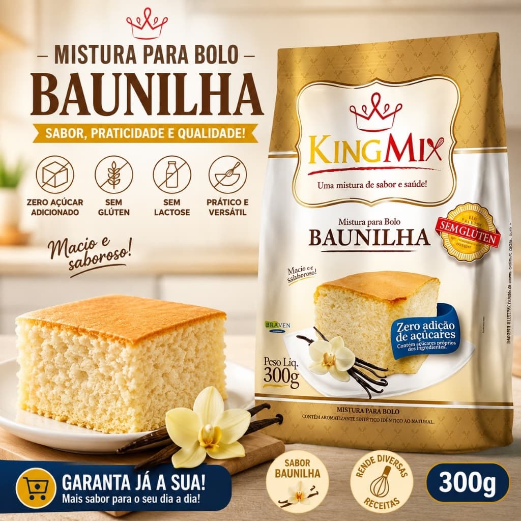 Mistura Bolo Zero Açúcar Baunilha King Mix 300g Sem Glúten Sem Lactose