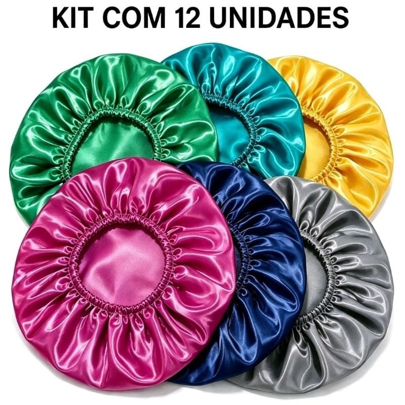 Kit 12 Toucas de Cetim Feminina Antifrizz para Dormir Proteção dos Cabelos Cacheados Lisos Touca de Cetim