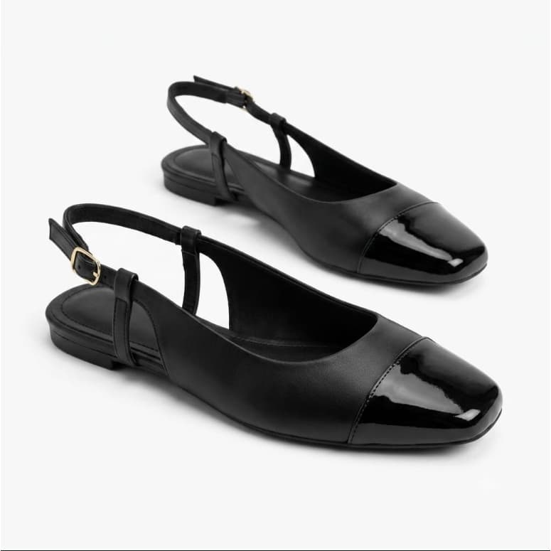 Sapatilha Flat Slingback Preta com Bico Quadrado