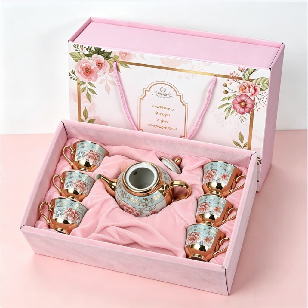 Conjunto Bule e Xicaras Kit 5 /7 Unidades Em Caixa Porcelana