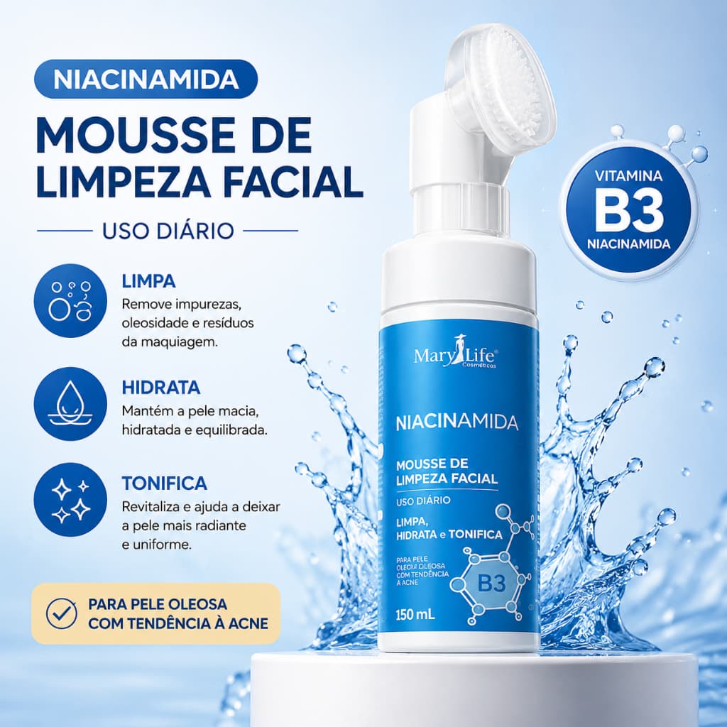 Mousse de Limpeza Facial Niacinamida Vitamina B3 150ml Mary Life com Escova