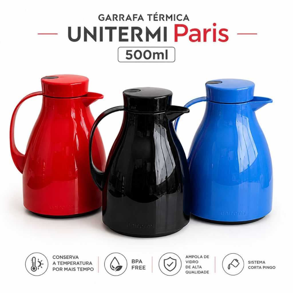 Garrafa Térmica de Café Paris Bule 500ML Unitermi C/Gatilho Ampola de Vidro Para Café Chá Leite Água