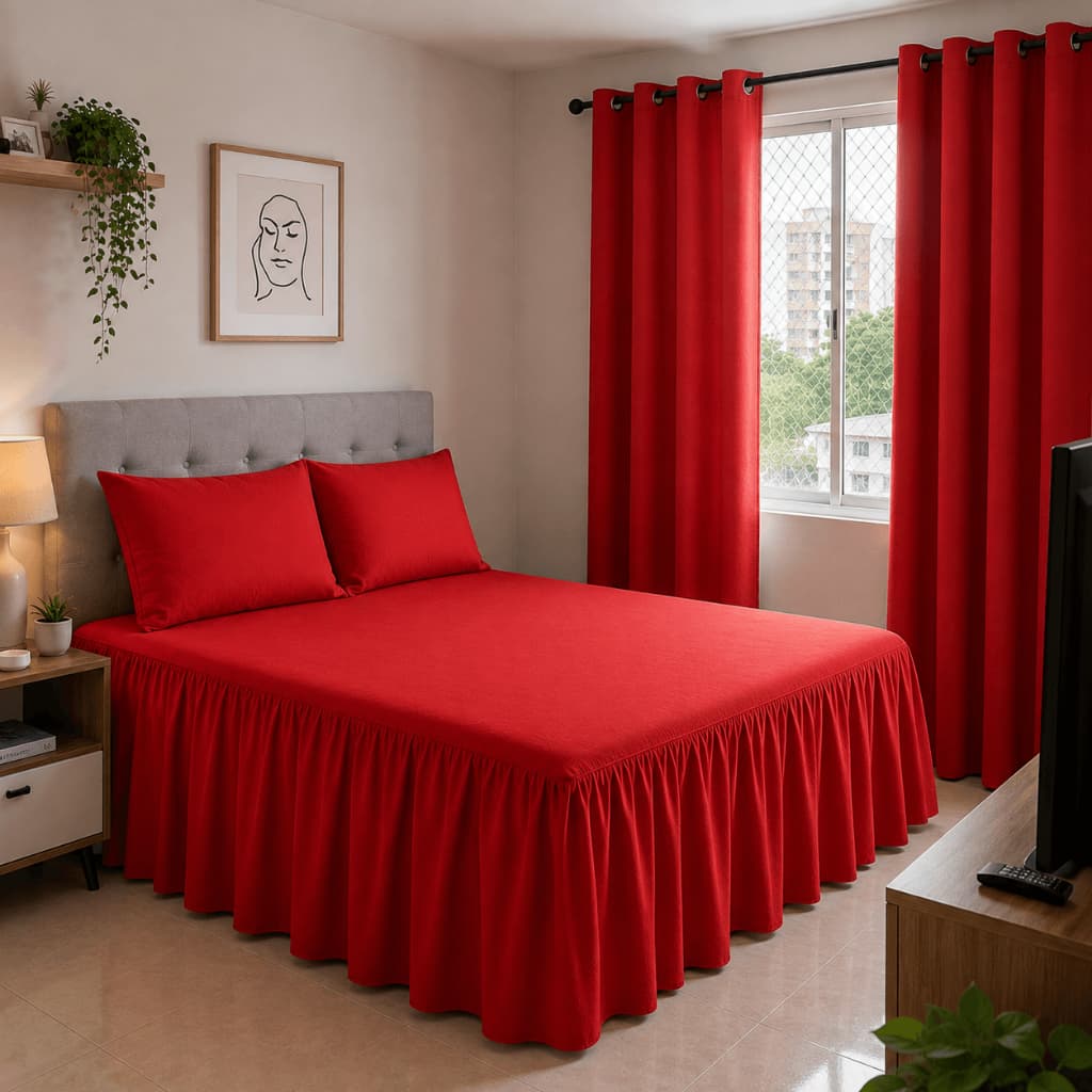 Kit Cortina e Colcha Casal Romântica Com Babado Luxo 4 Peças