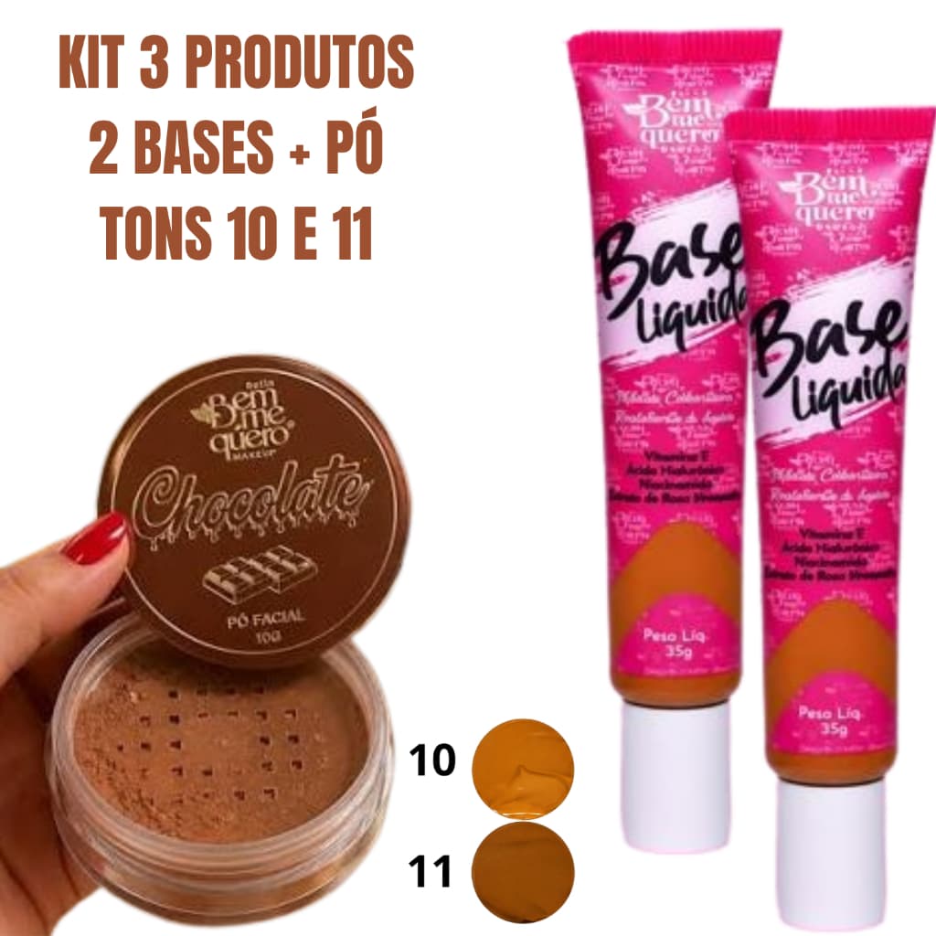 Kit 2 Bases Líquidas Tons 10 e 11 + Pó Facial Solto Chocolate Bem Me Quero Pele Negra Maquiagem