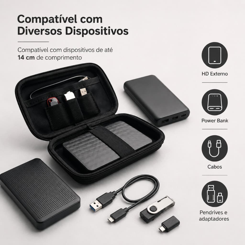 Case Estojo para HD Externo e Power Bank 15cm em EVA Preto | Bolsa Protetora para HD, SSD e Acessórios