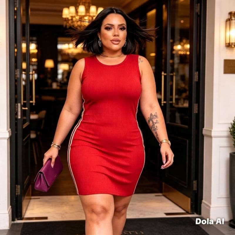 Vestido Plus Size Midi Canelado com Faixa Modeladora – Alcinha – Decote Elegante – Feminino – GG G1 G2