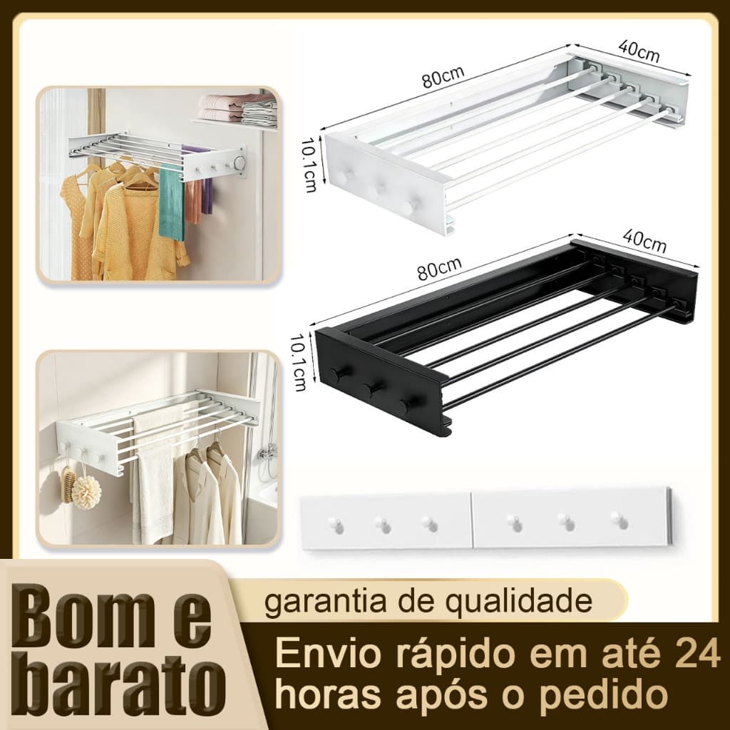 Varal Retrátil de Parede Extensível em Liga de Alumínio Anti Ferrugem com 3 Ganchos para