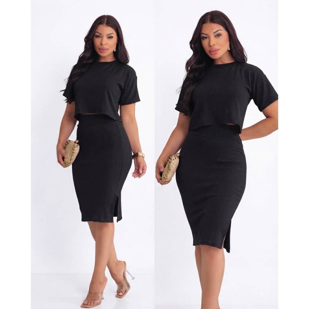 Conjunto Canelado Feminino Casual Saia Midi Fenda Lateral e Blusa Cropped Manga Curta Envio Rápido