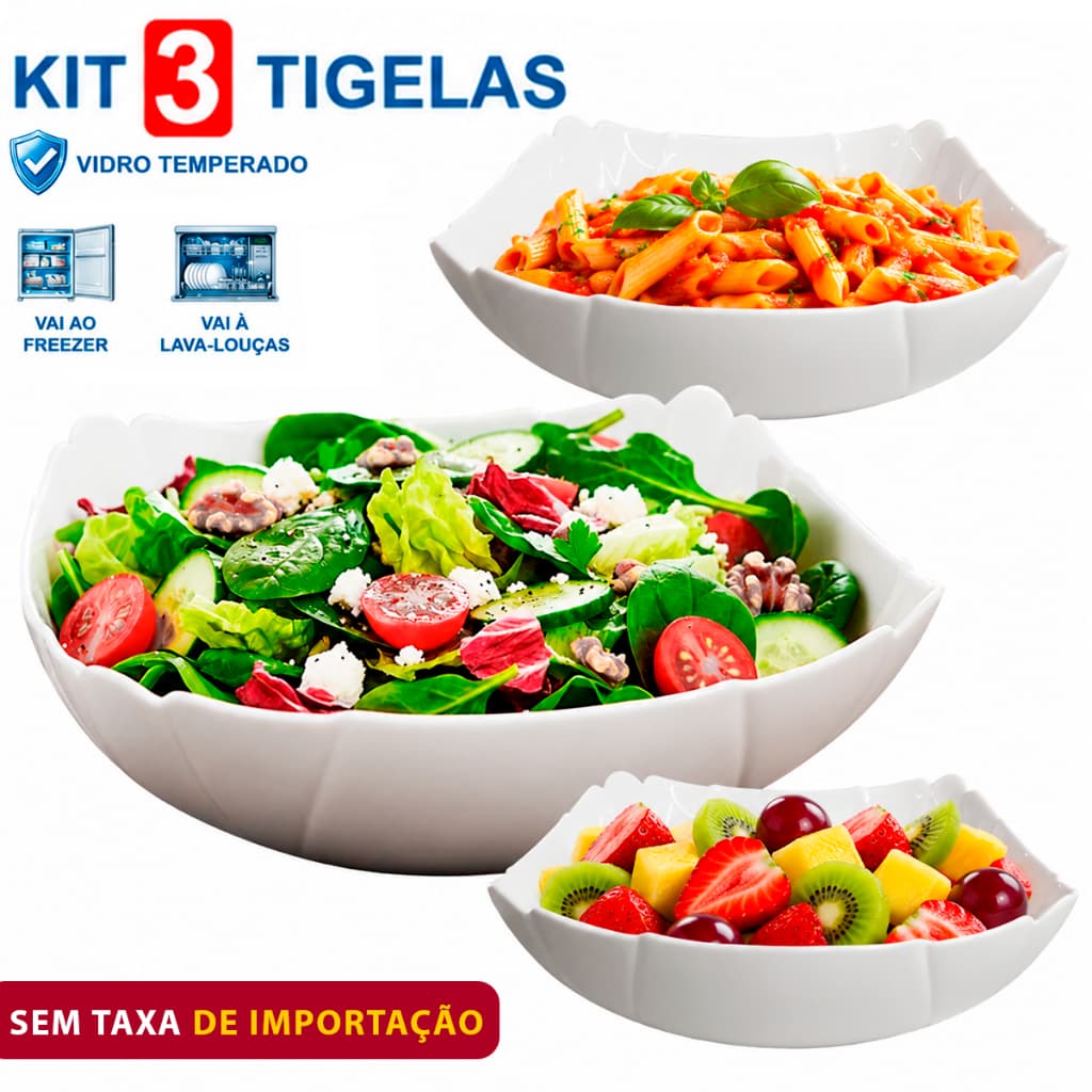 Kit Jogo 03 travessas tigelas quadradas oriental 370ml 600ml 1.900ml opaline branca white multi funç
