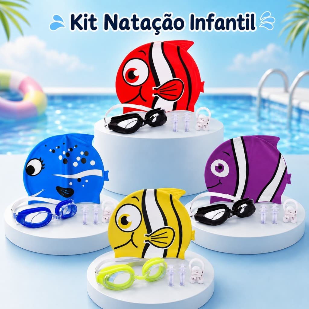 Kit Natação Touca e óculos  Peixinho de Natação Silicone Infantil Esporte Aquático
