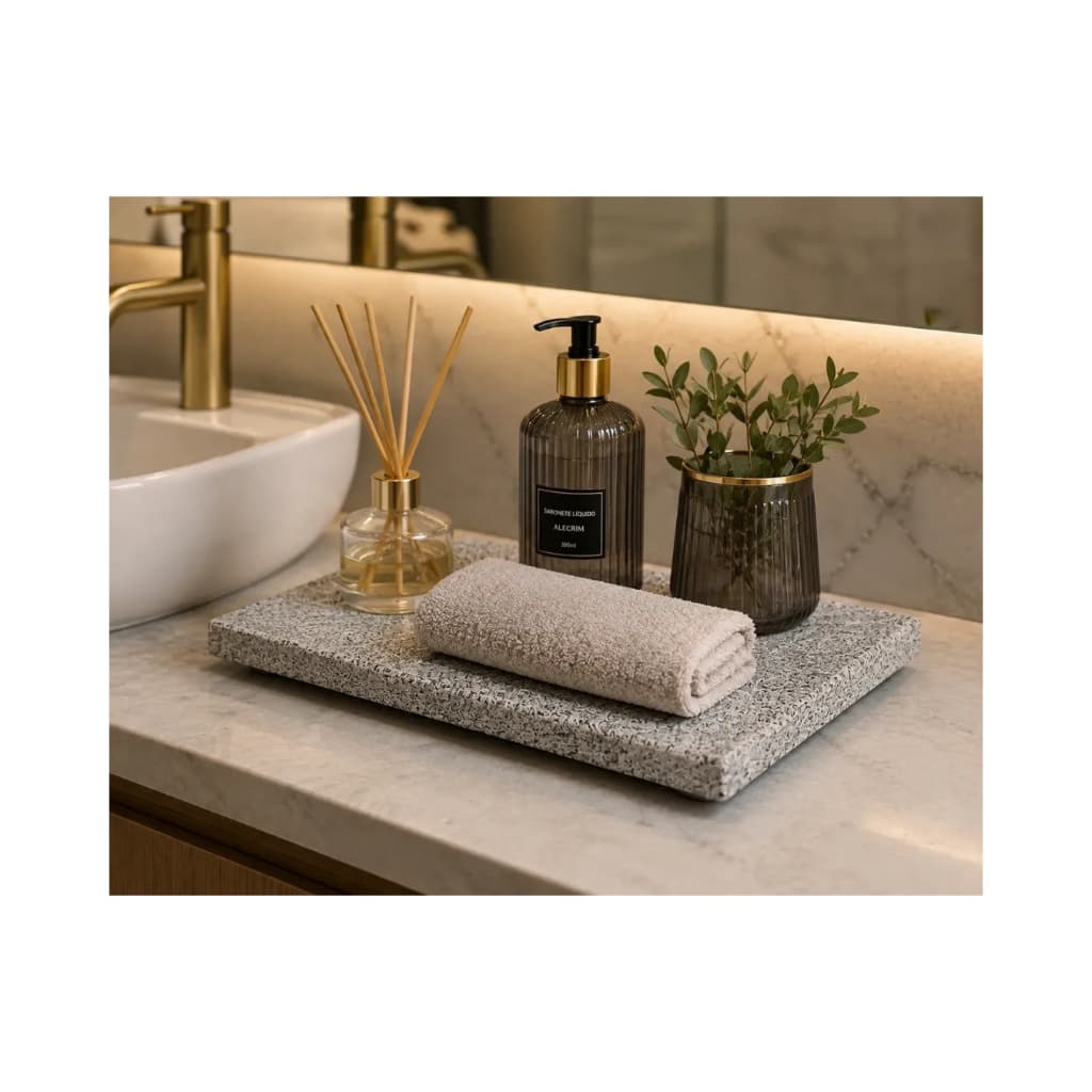 Bandeja Tabua Decoração Banheiro Mármore Escovado Cinza 28x18cm