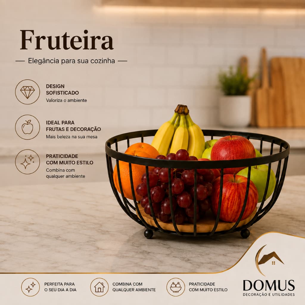 Fruteira de Mesa  de Ferro e Bambu para Café da Manhã de Metal Preto Multiuso Cozinha Gourmet