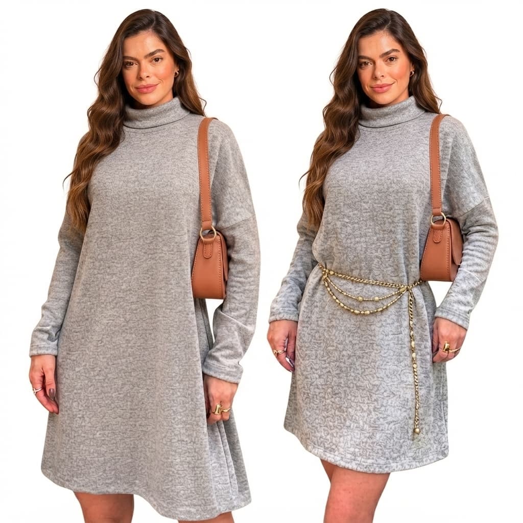 Poncho Feminino Lanzinha Quentinho Vestido de Inverno Manga Longa Gola Alta Caimento Soltinho