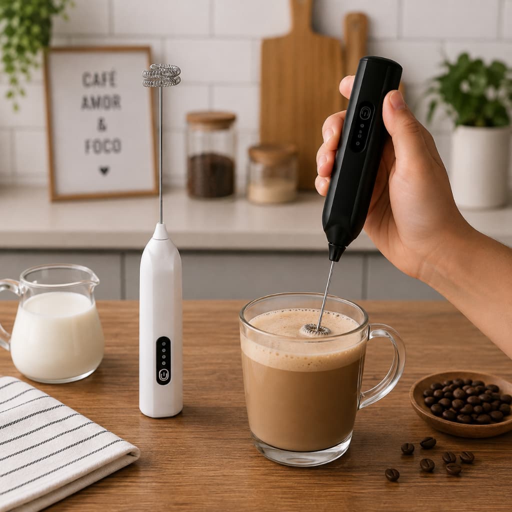 Mixer Misturador Elétrico Recarregável USB-C Potente Multiuso Batedor Leite Café Espumador Inox 304