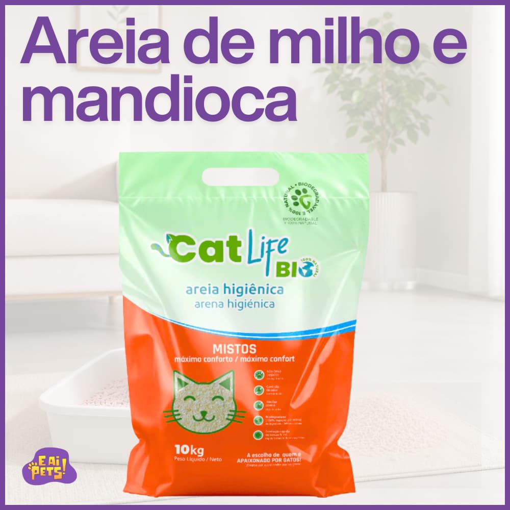 Areia Higiênica Biodegradável Natural Mandioca e Milho Para Gatos Cat Life Bio 10 Kg Grão Misto