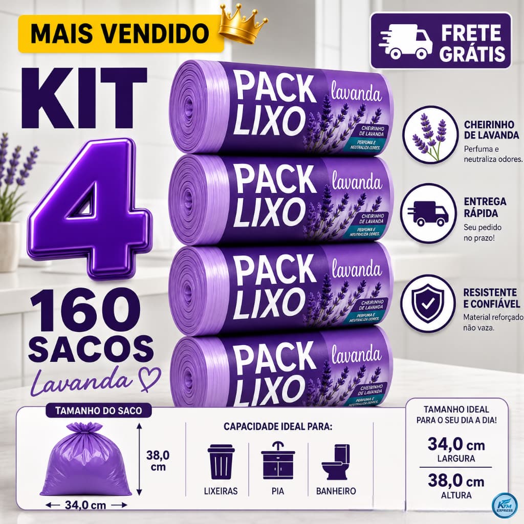 Kit 4 Rolos Saco de Lixo Perfumado Lavanda 10L 160 Sacos Pia Banheiro Resistente Antiodor