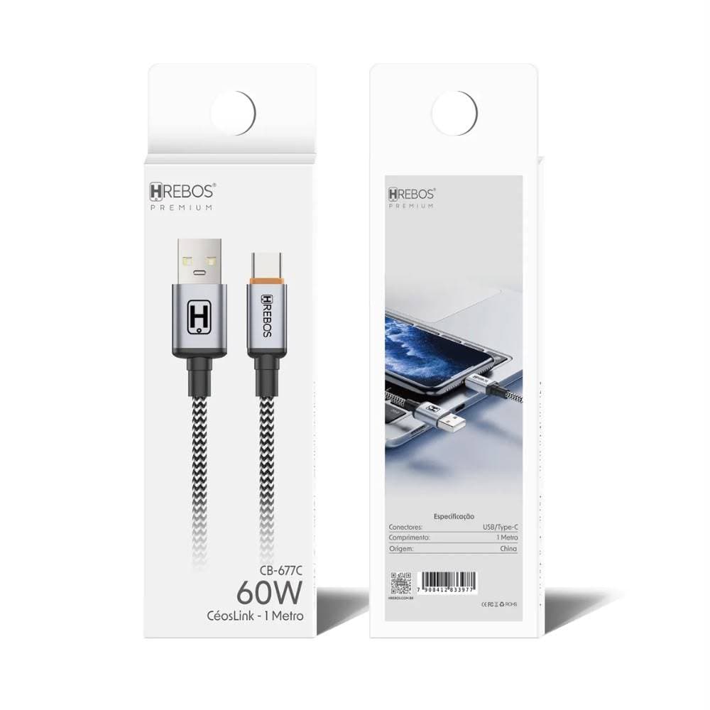 Cabo USB Tipo C 60W 1M Nylon Reforçado Carga Rápida Hrebos CB-677C