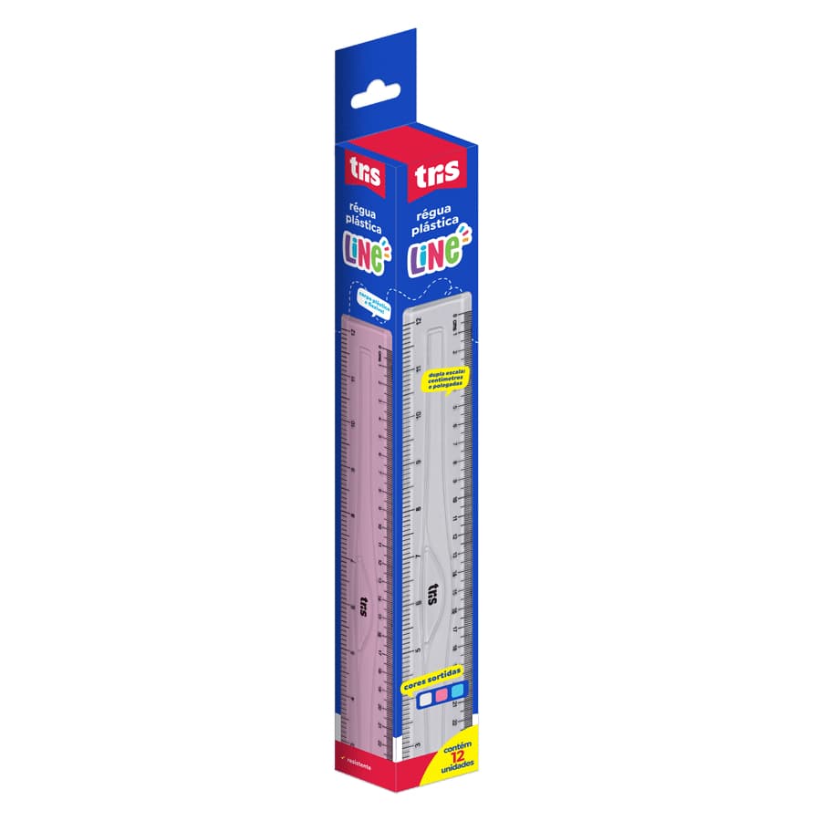 📏✨ Régua Plástica Line – 30 cm – Cores Sortidas – Caixa com 12 Unidades – Tris