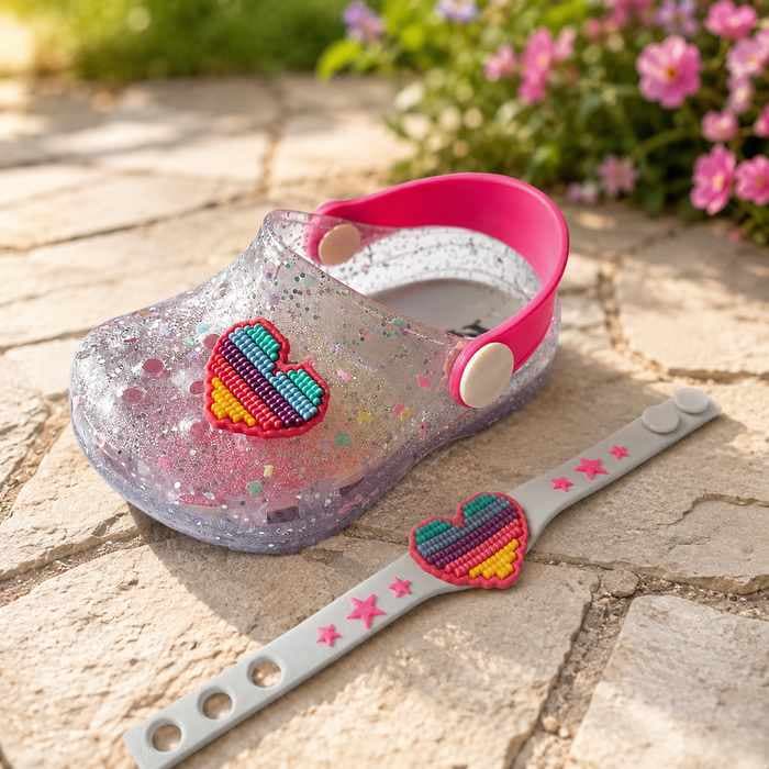 Kit Sandália Babuche Confortável Antiderrapante Resistente  Pulseirinha Coração Infantil Menina Pop