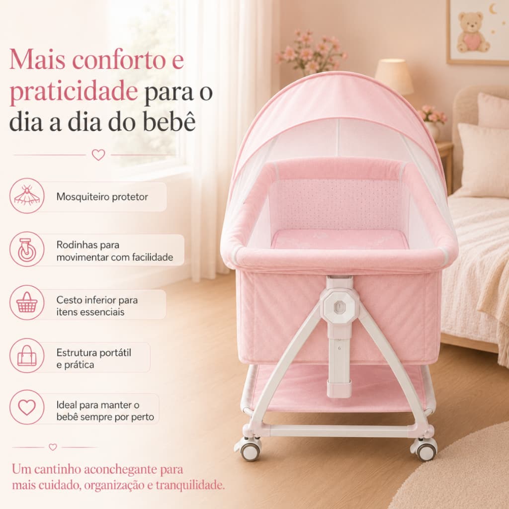 Berço Portátil para Bebê com Mosquiteiro e Rodinhas Mini Berço Recém-Nascido