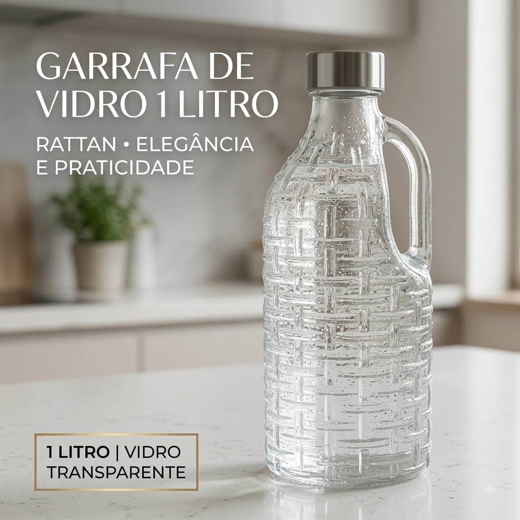 Garrafa de Vidro 1 Litro Rattan para Água Suco Geladeira Decorativa Reutilizável