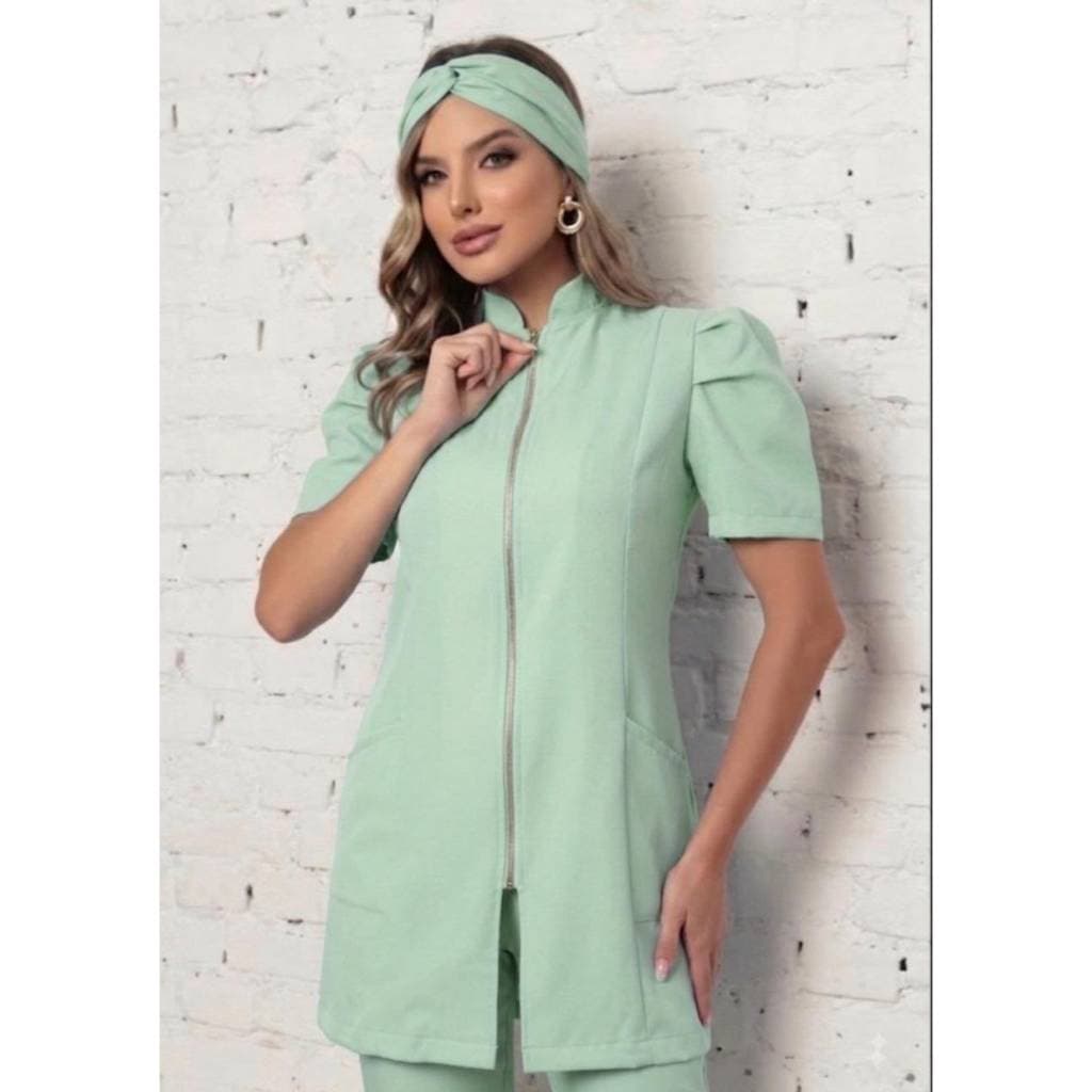 Jaleco Feminino Manga Curta Bufante  Zíper Mara Verde + Turbante Gardenia Jalecos