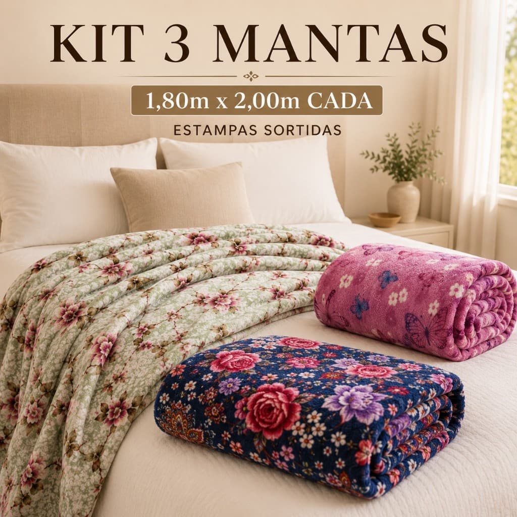 Kit 3 Manta Casal 1,80m x 2,00m Macia Felpuda Estampada Cobertor Leve Quentinho para Cama e Sofá
