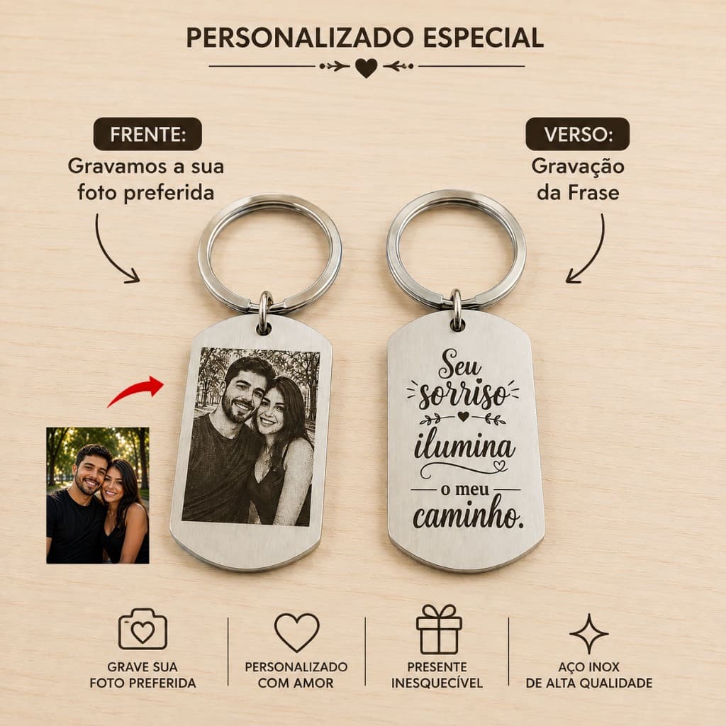 Chaveiro Aço inox com foto Gravado a laser - Namorados - Pai - Mãe - Presente