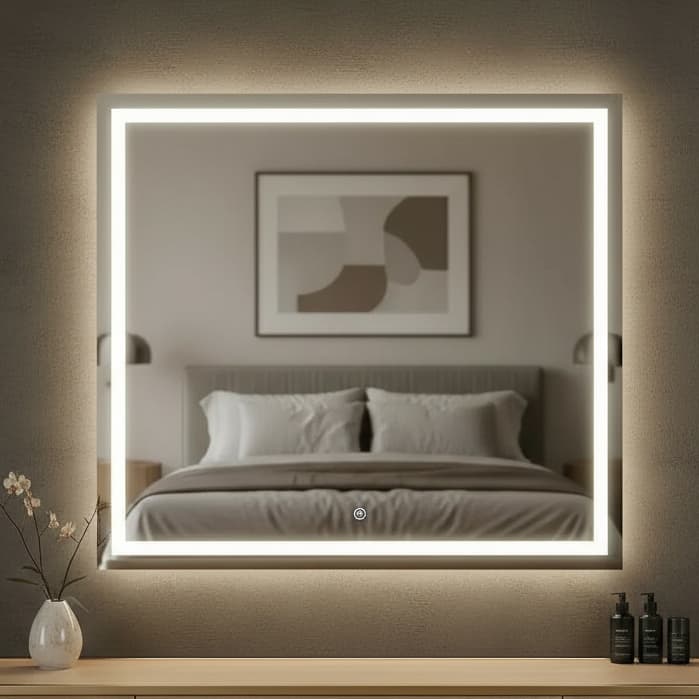Espelho Quadrado 60x60cm com LED 3 Cores, Jateado Lapidado, Touch para Banheiro Maquiagem Salão de Beleza