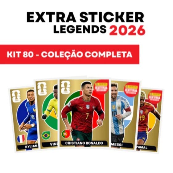 20 Figurinhas Legends Extra Sticker Vini Jr, Ronaldo, Neymar, Messi