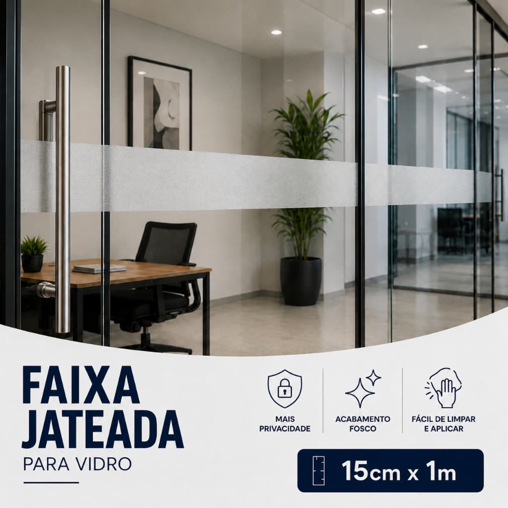 Faixa Segurança para Vidro Jateado 15cm x 1m Adesivo Fosco para Porta Janela Divisória Escritório