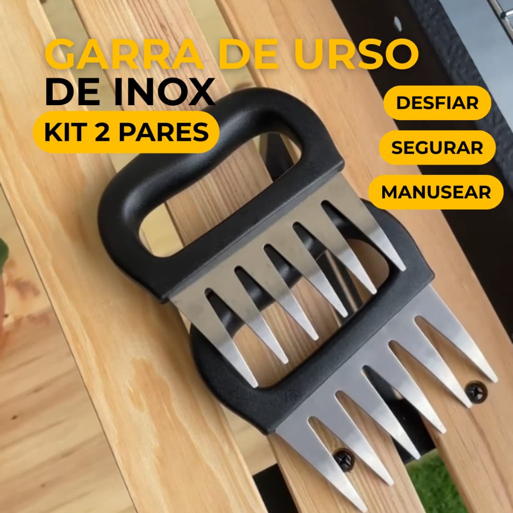 Kit 2 Pares Garra de Urso Aço Inox Churrasco 4 Unidades Para Desfiar Carne Costela Cupim
