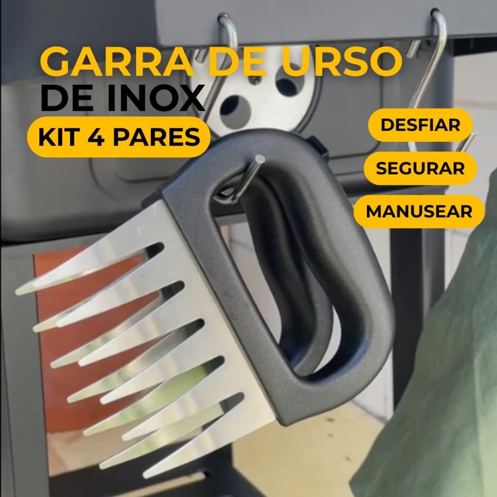 Kit 8 Garras de Urso Aço Inox Churrasco 4 Pares Para Desfiar Carne Costela Cupim Pulled Pork