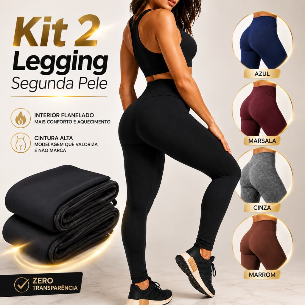 Kit 2 Legging Segunda Pele Feminina Flanelada Térmica Inverno Academia Fitness