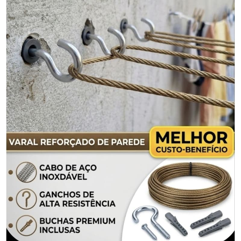 Kit Varal Completo De Parede Reforçado - Cabo De Aço/Corda + Ganchos E Buchas Para Instalação Facil