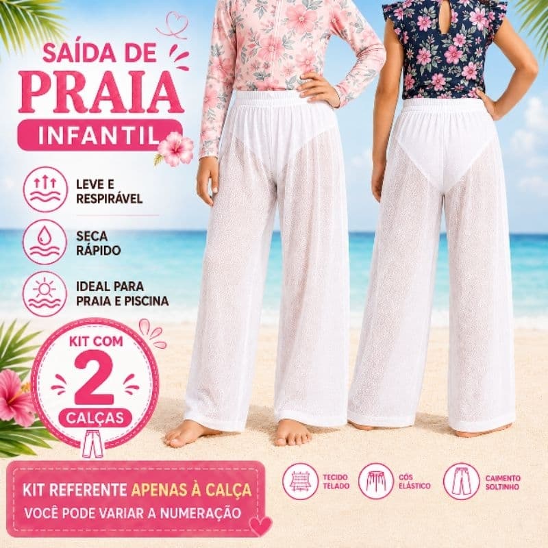 Kit 2 Calça Telinha Infantil Menina Saída de Praia Roupa de Praia Roupa para Piscina Menina Leve Moda Praia Verão Branca