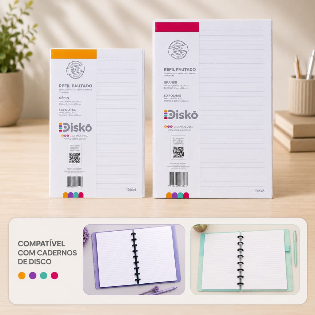Refil Folha Caderno Inteligente Disco 50/100/150 e 200 Folhas Pautadas Tamanho Médio Grande Escolar