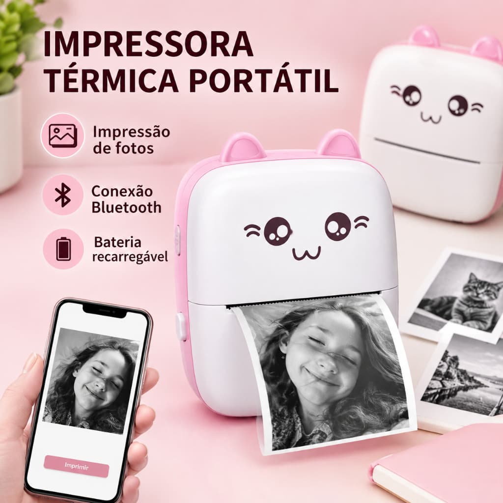 Mini Impressora Térmica Portátil Imprima Fotos e Desenhos Animados Sem Fio para Android e iOS