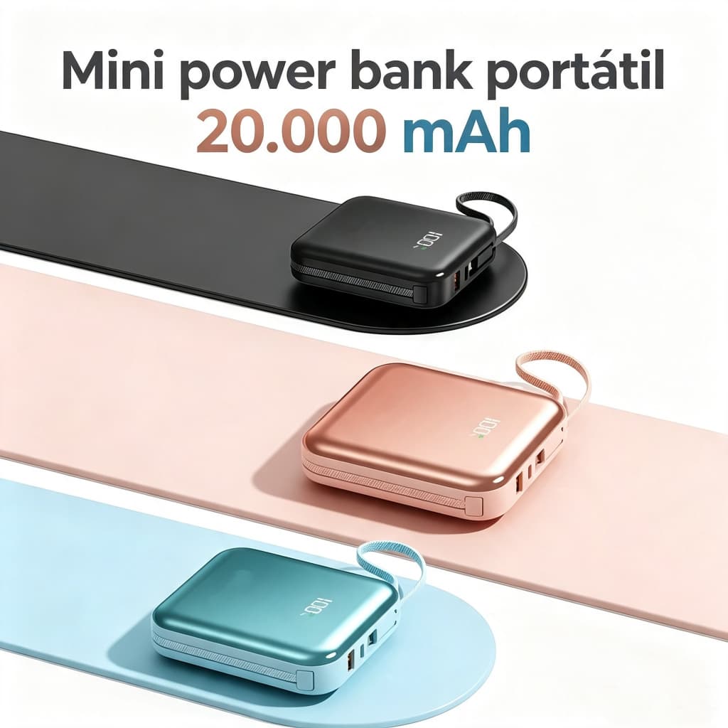 Mini power bank portátil 20.000 mAh com IOS e cabo Tipo C
