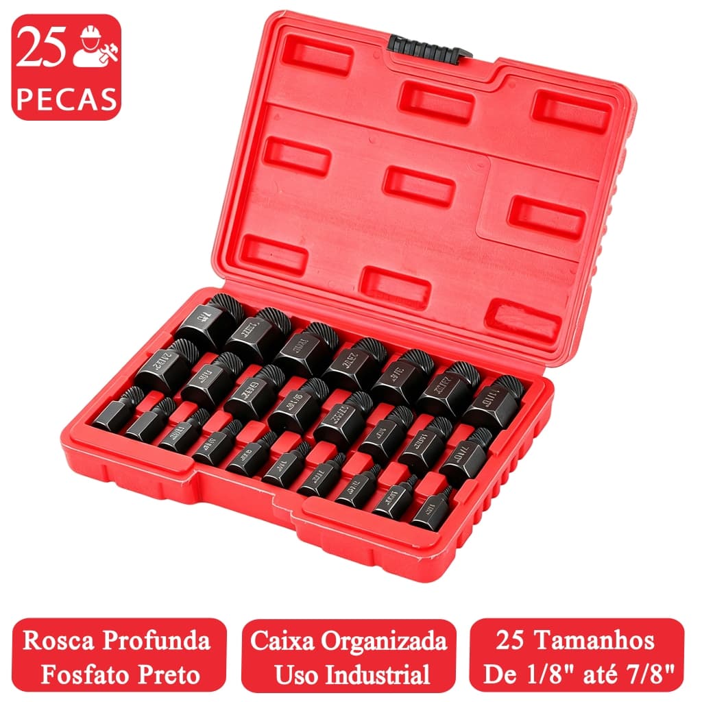 Kit Removedor de Parafusos Quebrados 25 Peças Fosfato Preto 1/8" a 7/8" com Estojo Organizado