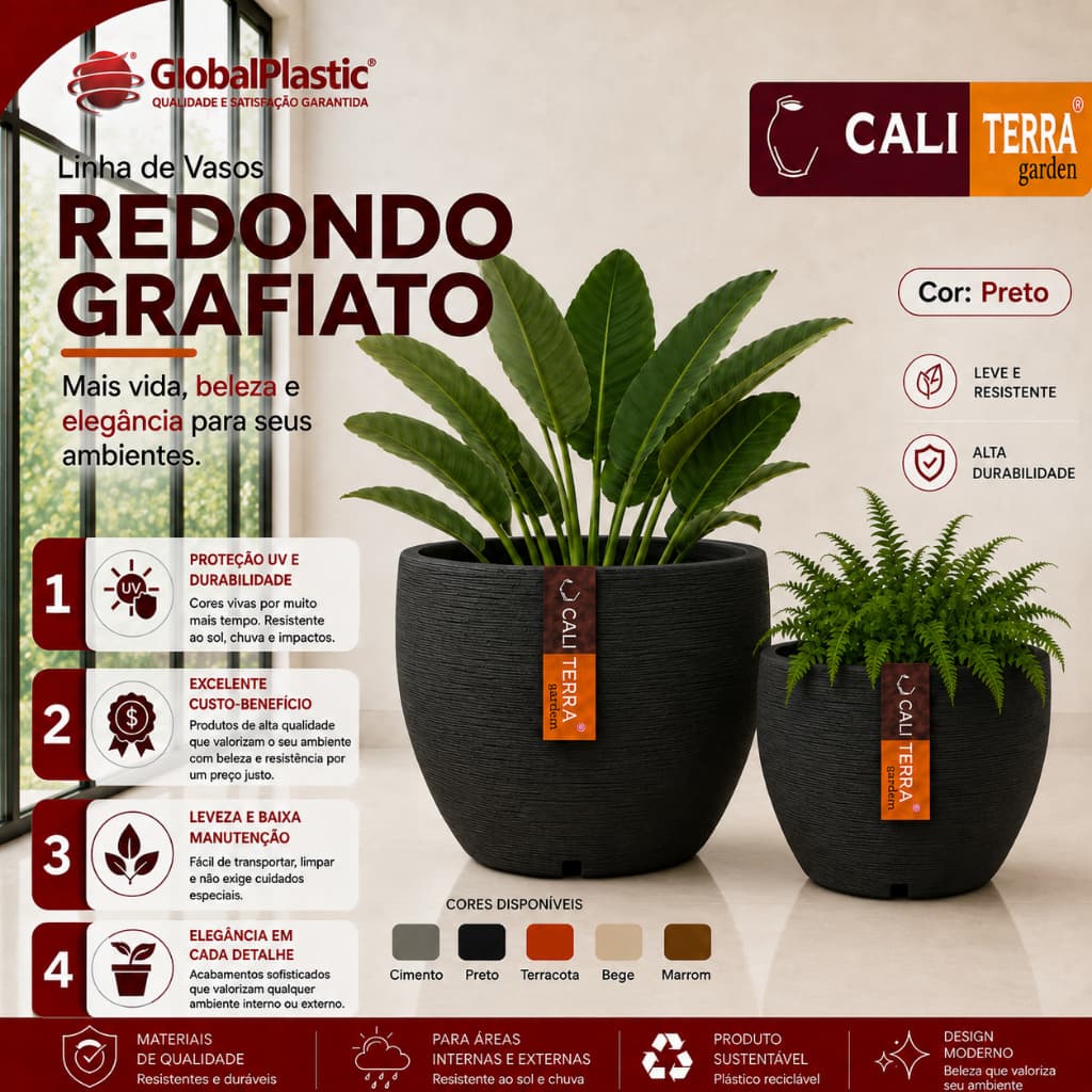 Vaso Decorativo de Polietileno Redondo Grafiato para Plantas Jardim Sala Varanda Área Interna e Externa Cachepot