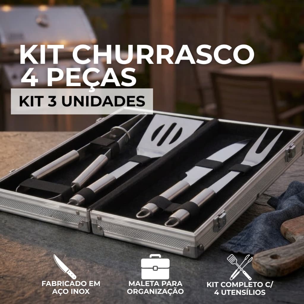Kit Churrasco 3 Kits 4 Peças Aço Inox com Maleta Faca Garfo Pegador Espátula Pronta Entrega