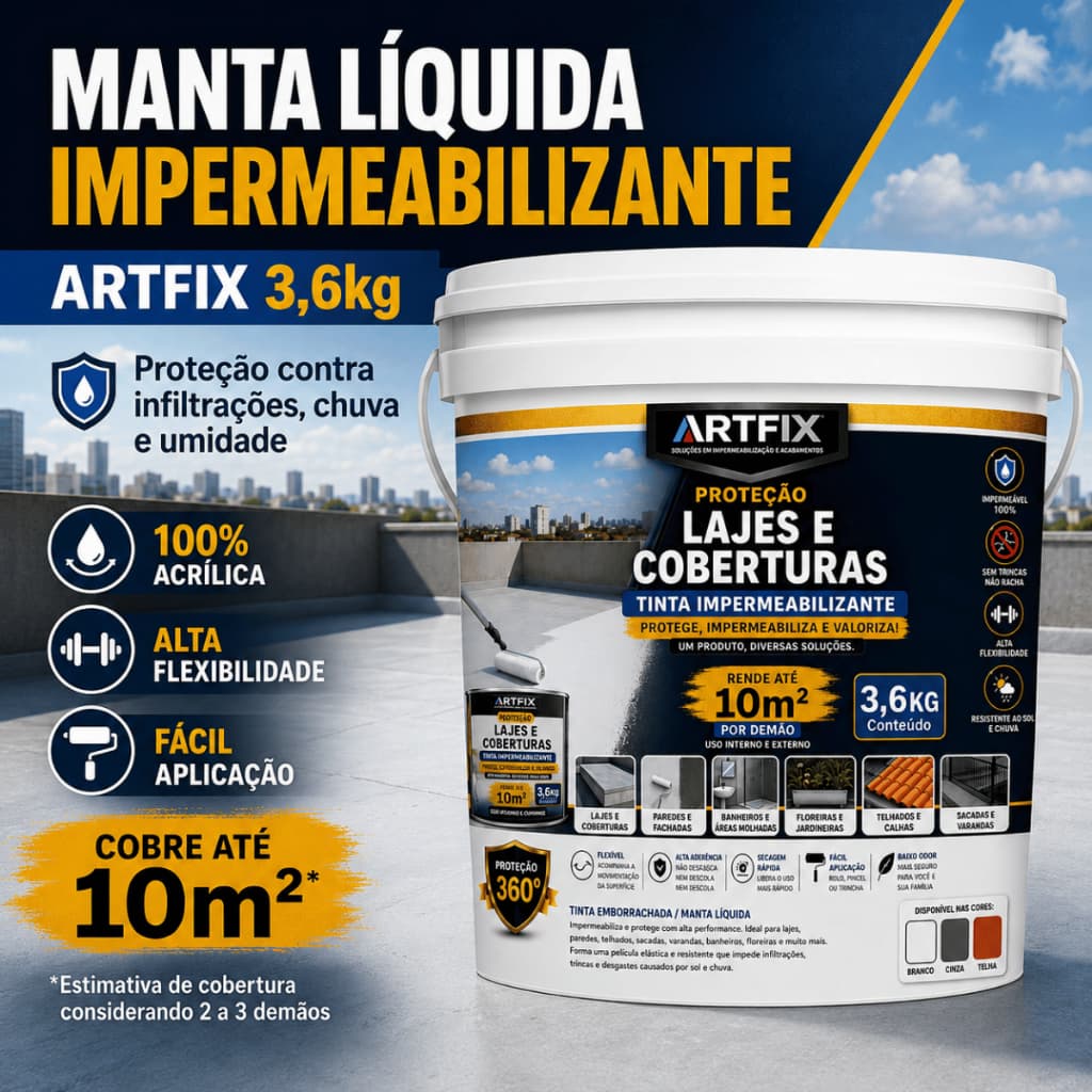 Manta Líquida Flexível Artfix 3,6Kg Impermeabilizante Alta Elasticidade Proteção Contra Infiltração