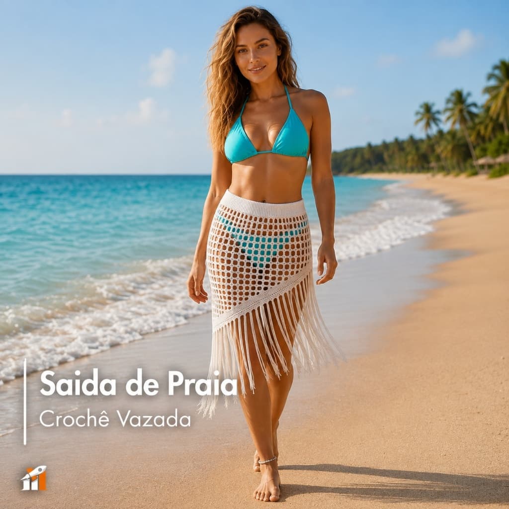 Saia Feminina Saída de Praia em Tricô Vazado com Franjas Assimétrica Moda Verão