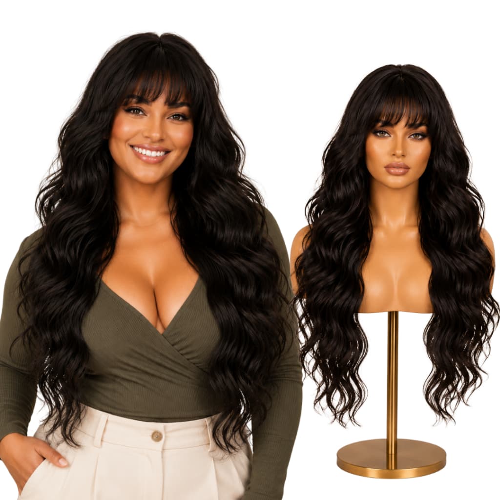 Peruca Ondulada Com Franja 55cm Fibra Orgânica Super Natural